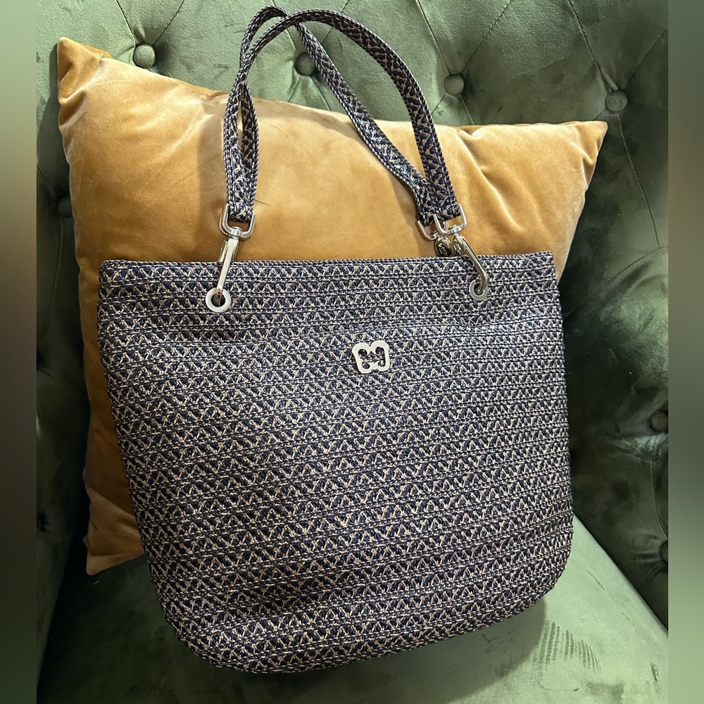 Eric Javits Squishee Clip Tote Black Tan Brown Bag